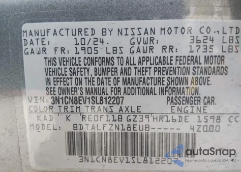 2025 Nissan Versa 1.6 Sv from USA, damaged, VIN 3N1CN8EV1SL812207